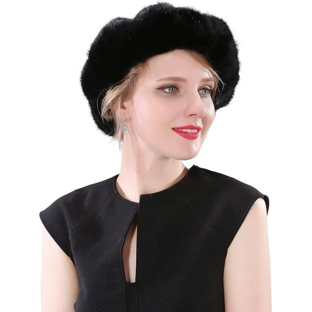 MSRP $60 YXCFEWD Women's Beret Black Real Mink Fur Hat Knit‎ Russian Winter Cap